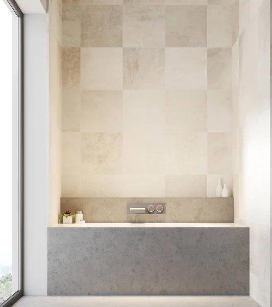 White tiled bathroom interior, a bathtub