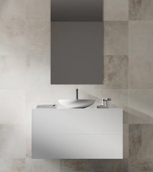 Weiß gefliestes Badezimmer innen, ein Waschbecken — Stockfoto