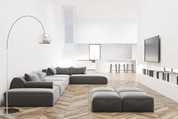 Bir ahşap zemin, Tv ile beyaz oturma odası — Stok fotoğraf