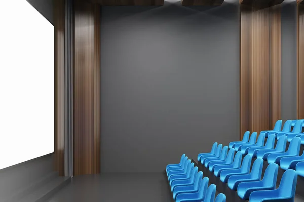 Kinoraum, blaue Stühle, Leinwand, Seite — Stockfoto