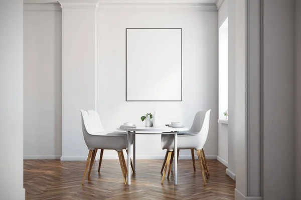 Біла їдальня, дерев'яна підлога, плакат — стокове фото