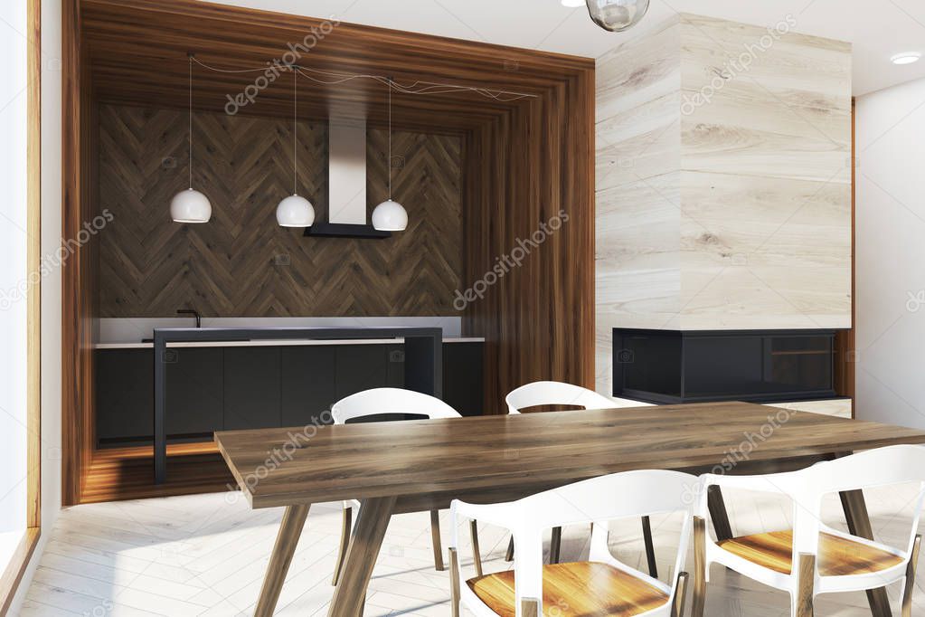 Dark wooden table in panoramic kitchen side