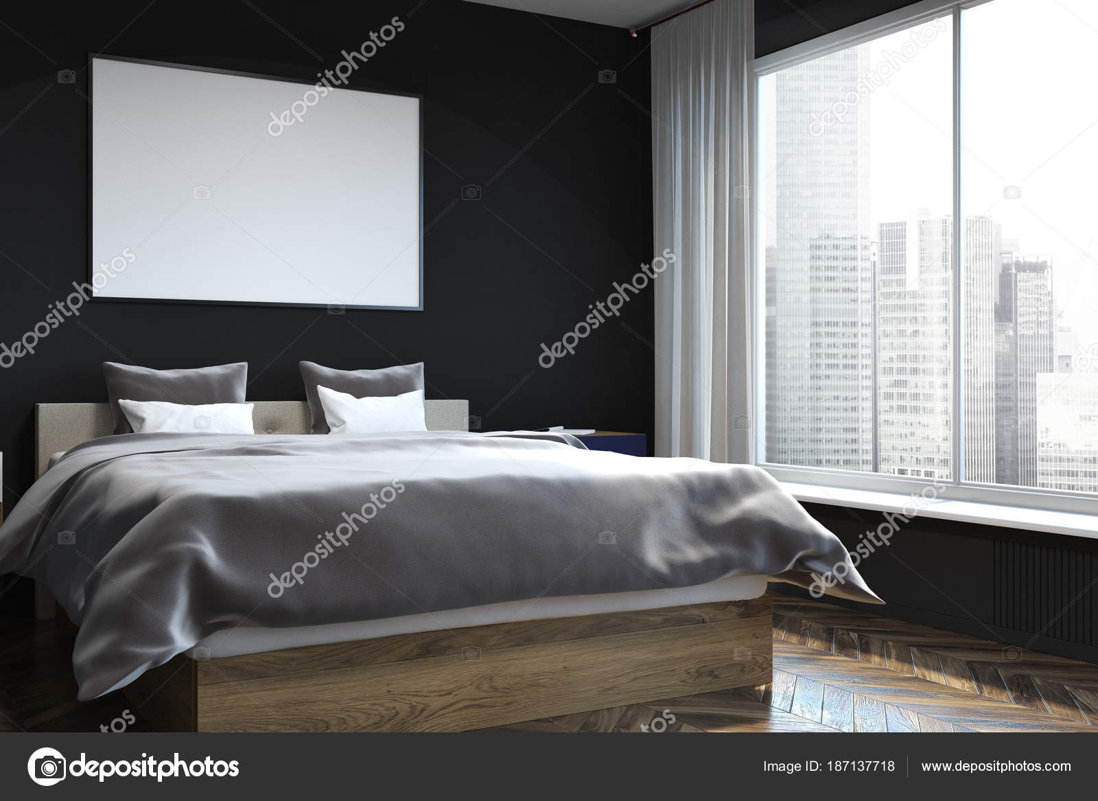 Black Wall Bedroom Interior Poster Side View Stock Photo