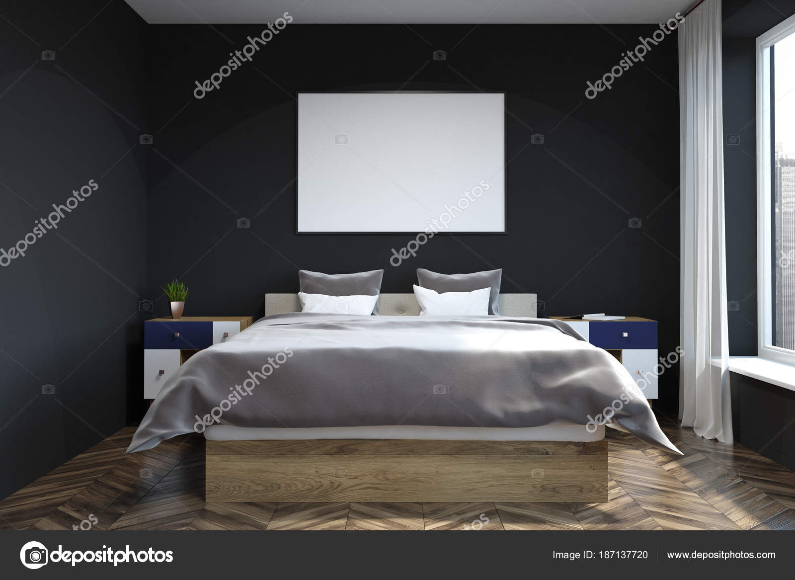 Black Wall Bedroom Interior Poster Stock Photo
