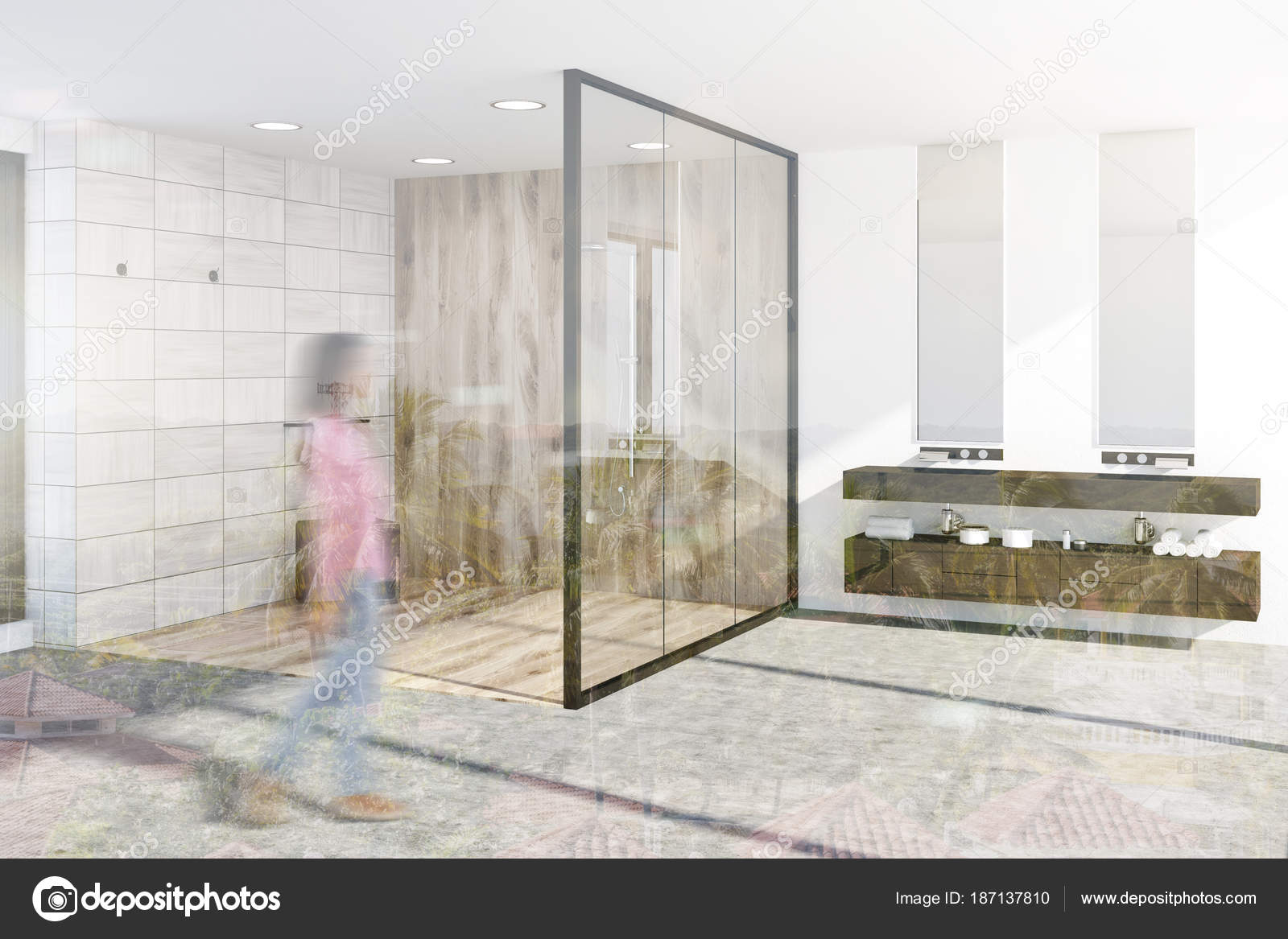 Coin salle de bain de tuiles en bois aux tons — Photographie ... Coin salle de bain de tuiles en bois aux tons — Photographie ...
