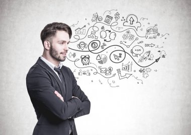 Dalgın sakallı işadamı, yan görünüm, başlamak yukarıya