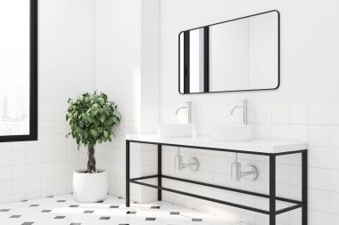 Beyaz banyo çift lavabo yan görünüm döşenir