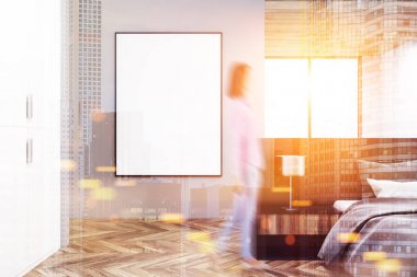 Beyaz yatak odası iç, yan görünüm poster tonda.