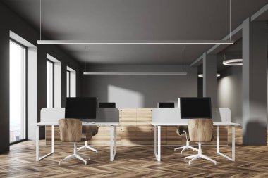 Karanlık ve ahşap ofis iç