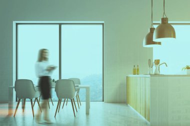 Beyaz mutfak, ahşap mutfak tezgahı bulanıklık