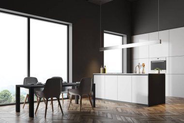 Koyu gri mutfak köşesi, gri tablo