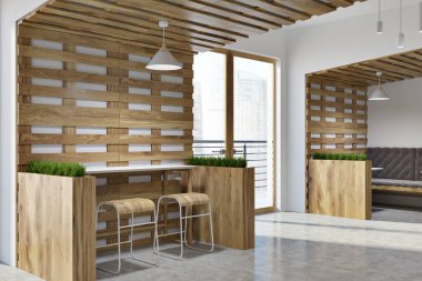 Beyaz ve ahşap Eko bar köşesi