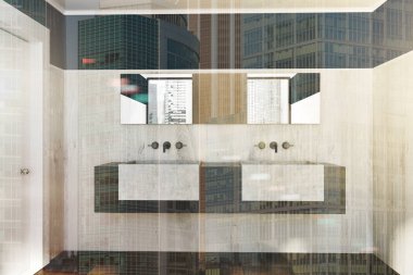 Çift lavabo Beyaz ahşap banyo tonda