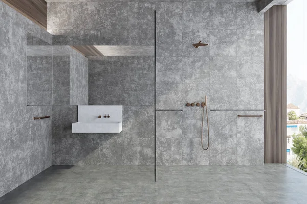 Concrete panoramic bathroom, sink and shower
