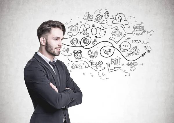 Dalgın sakallı işadamı, yan görünüm, başlamak yukarıya