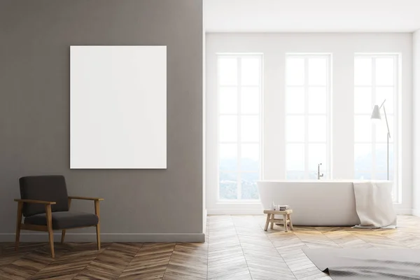 Salle de bain blanche minimaliste, poster, fauteuil — Photo