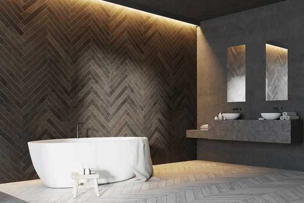 Fából készült fürdőszoba, fehér sarokkád — Stock Fotó