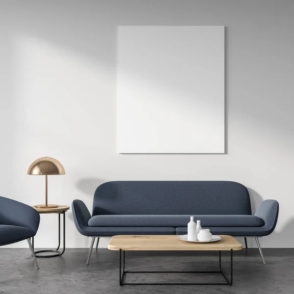 Vitt vardagsrum, grå soffa, affisch — Stockfoto