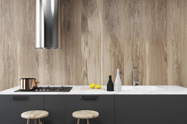 Wooden kitchen interior, bar close up — Stock Photo, Image