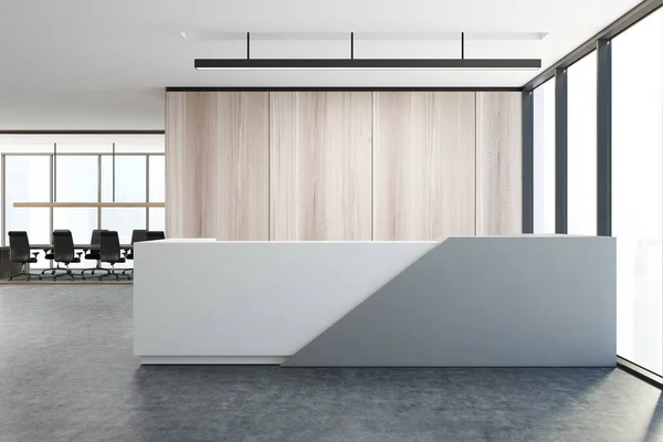 Fából készült fal office, fehér szürke recepció — Stock Fotó