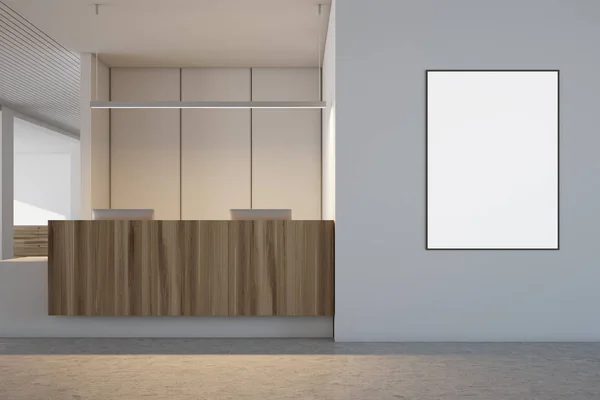 Interno ufficio bianco e legno, poster reception — Foto Stock