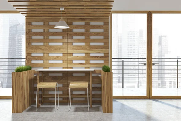 White and wooden eco bar interior, front