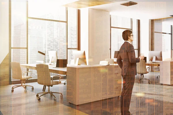 Panoramic office interior, businessman — Stock Photo, Image