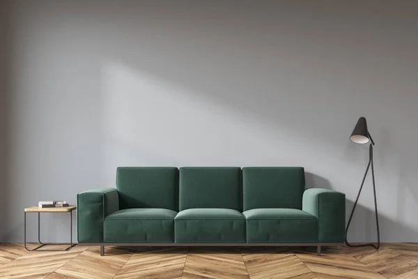 Pokój dzienny szary, ciemno Zielona sofa — Zdjęcie stockowe