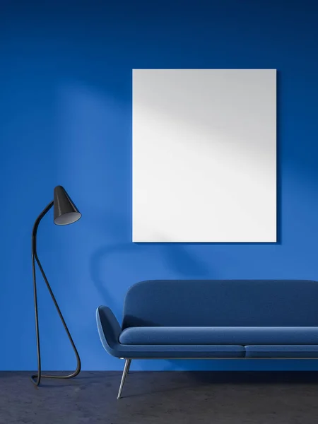 Soggiorno blu scuro, divano blu, poster — Foto Stock