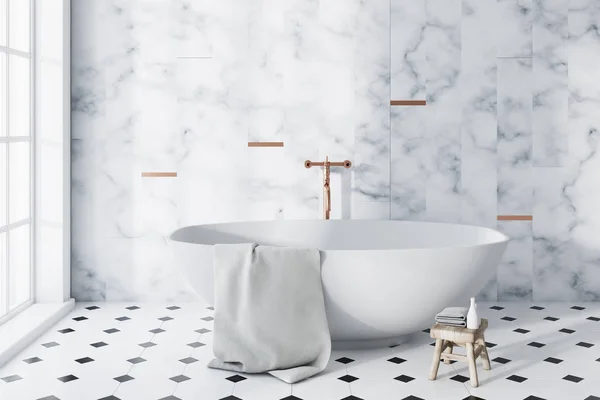 White marble and tiled panoramic bathroom — Stock Image White marble and tiled panoramic bathroom Stock Photo
