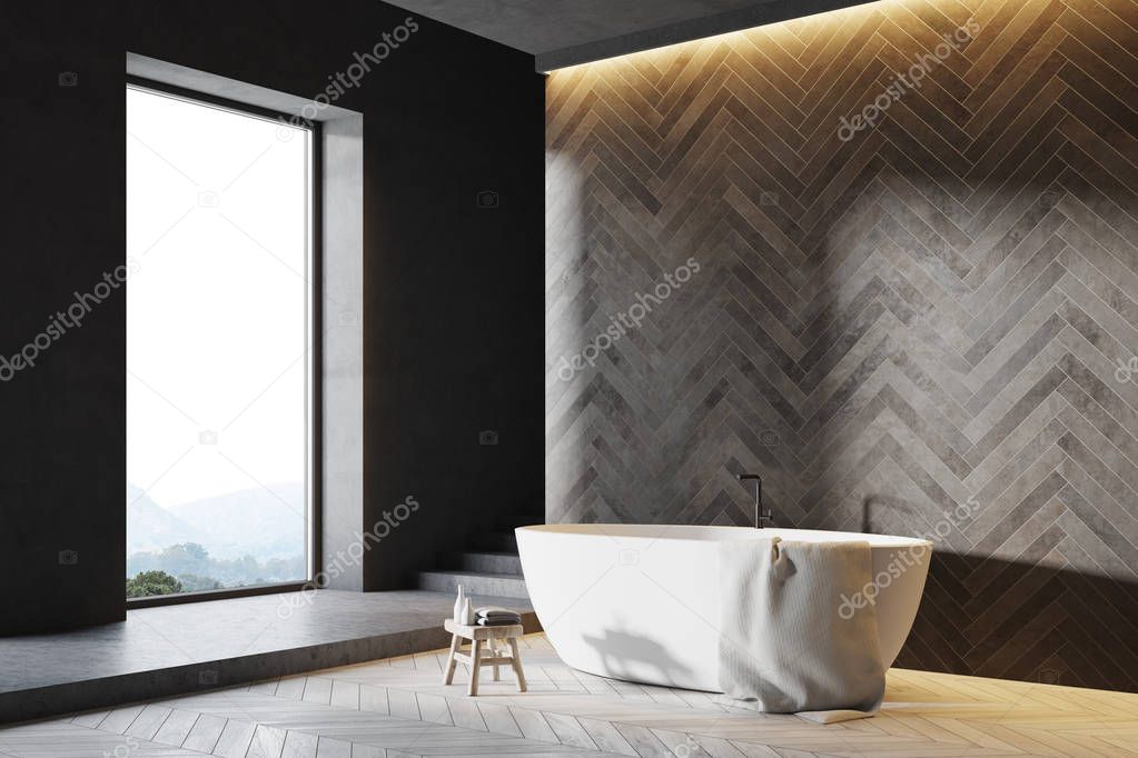Wooden bathroom interior, white tub side