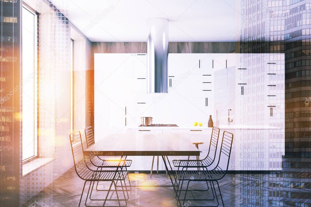 White kitchen interior, bar and table toned