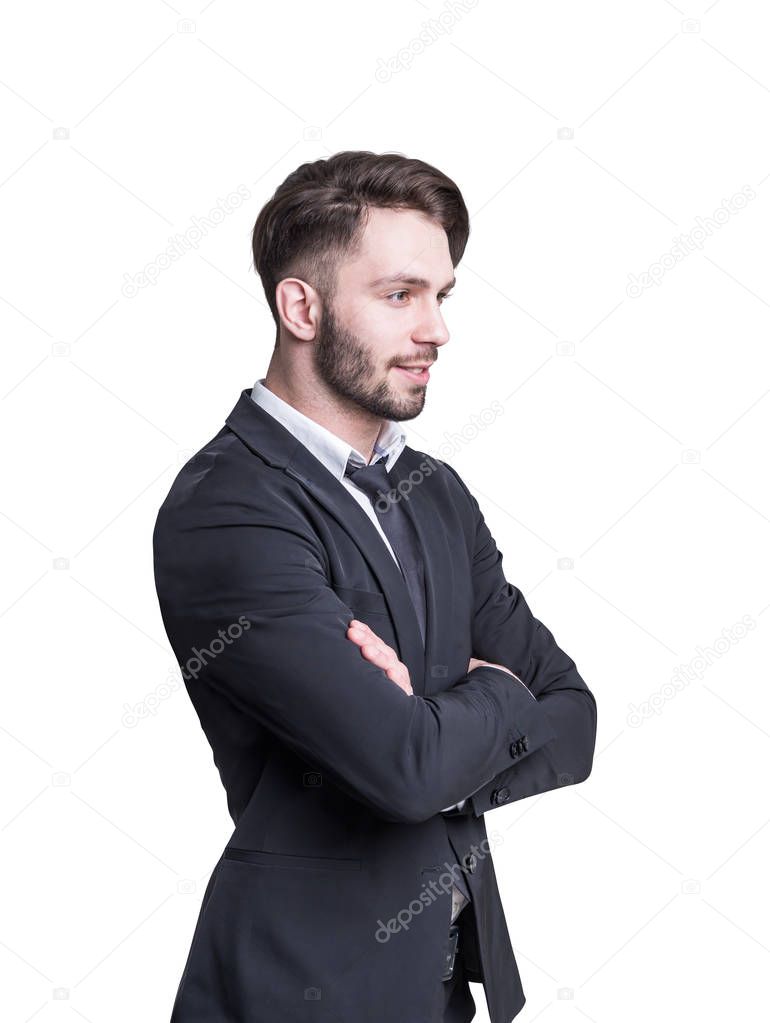 Pensive bearded businessman, side view, isolated