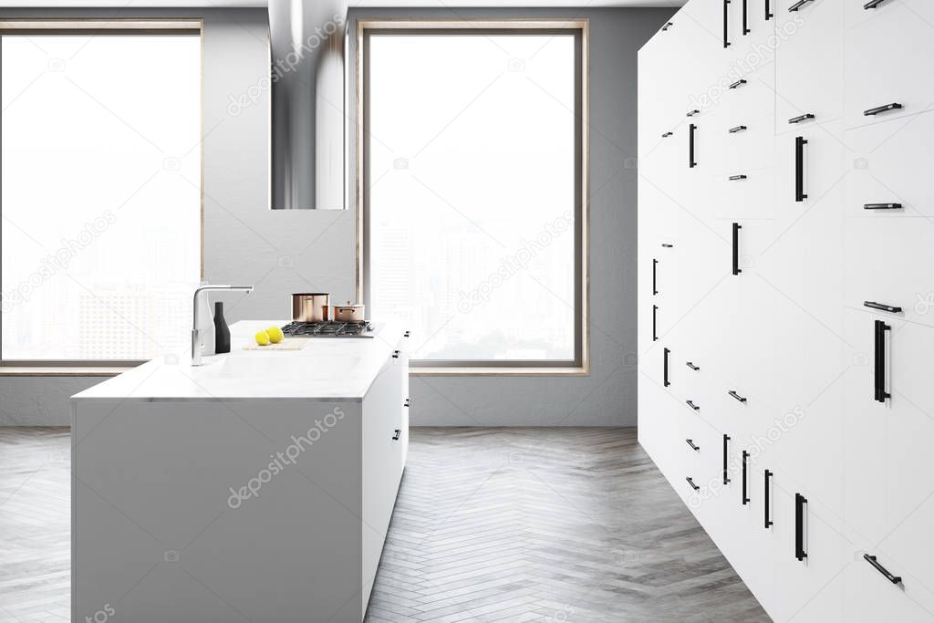 White kitchen interior, bar side view