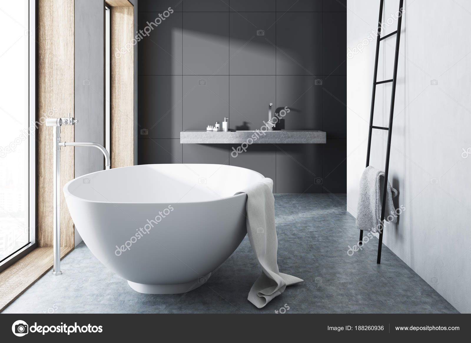Bagno grigio, vasca bianca, scaletta, pavimento in cemento — foto ... Vasca da bagno in cemento
