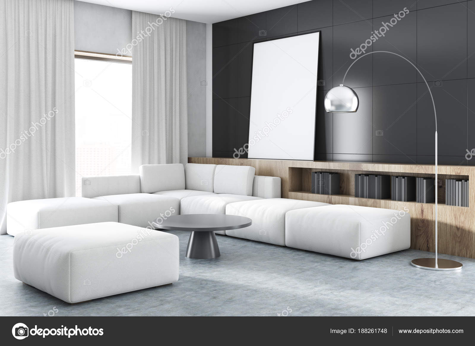 Zwarte muur woonkamer hoek, witte sofa, poster — Stockfoto ... Zwarte muur woonkamer hoek, witte sofa, poster — Stockfoto ...