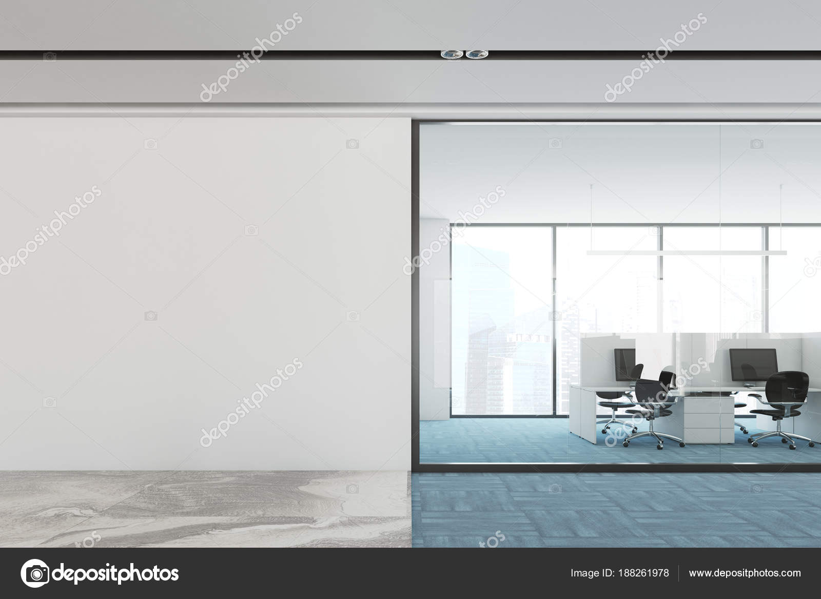 Blue Floor Open Space Office Interior Mock Up Wall Stock