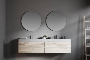 Yuvarlak ayna çift lavabo banyo