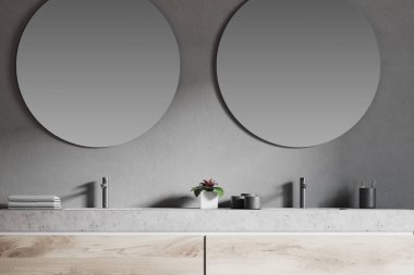 Yuvarlak ayna çift lavabo banyo yakın çekim