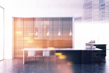 Beyaz mutfak, ahşap dolap tonda