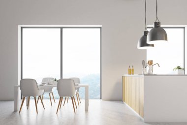 Beyaz mutfak, ahşap mutfak tezgahı yan görünüm