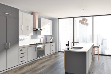 Gri mutfak iç beyaz ve gri sayaçları yan