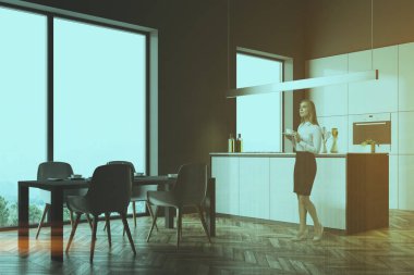 Koyu gri mutfak köşe, gri masa tonda