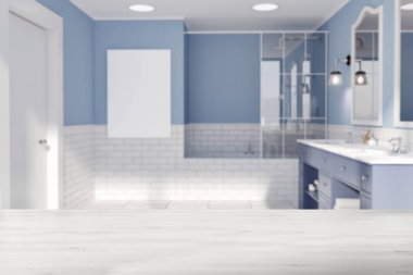 Mavi ve tuğla duvar banyo, poster bulanıklık