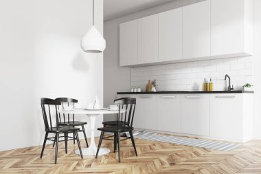 İç beyaz yemek odası ve mutfak