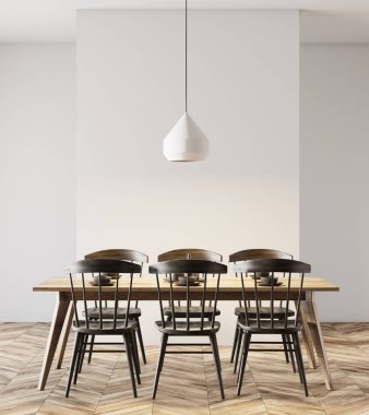 Yemek odası, siyah sandalye, lamba beyaz