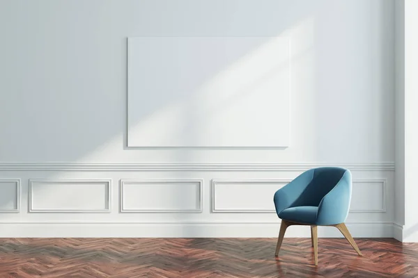 Biały pokój dzienny, fotel, plakat — Zdjęcie stockowe
