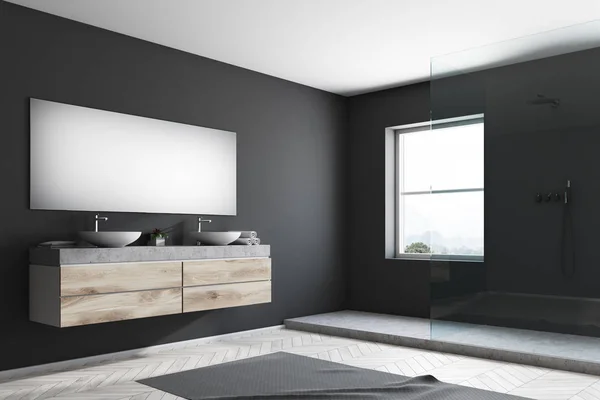 Doppelwaschbecken in einem schwarzen Badezimmer, Dusche — Stockfoto