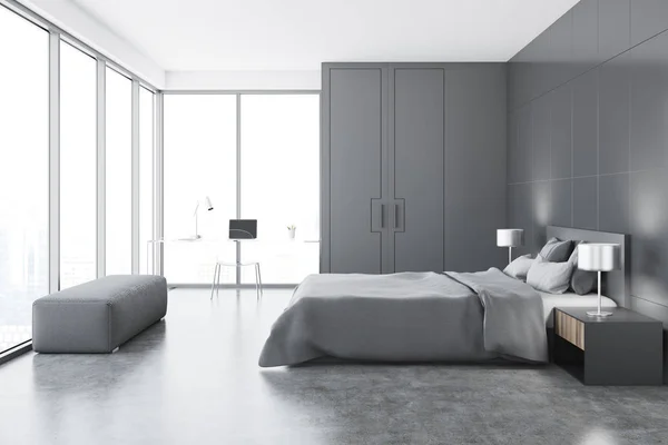 Dormitorio gris interior, vista lateral — Foto de Stock