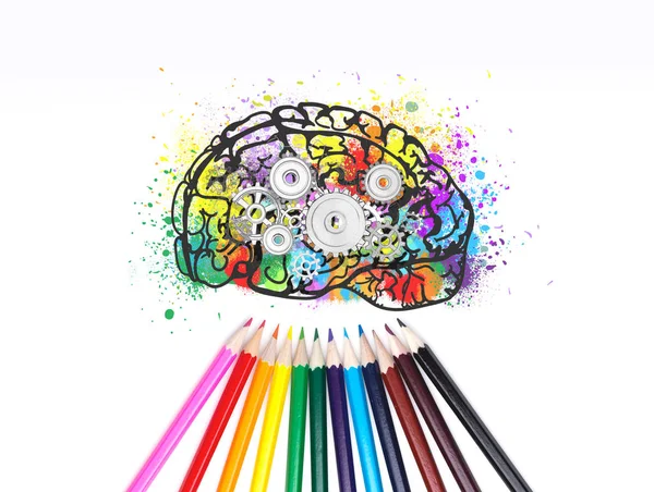 Cervello colorato con ingranaggi, matite — Foto Stock